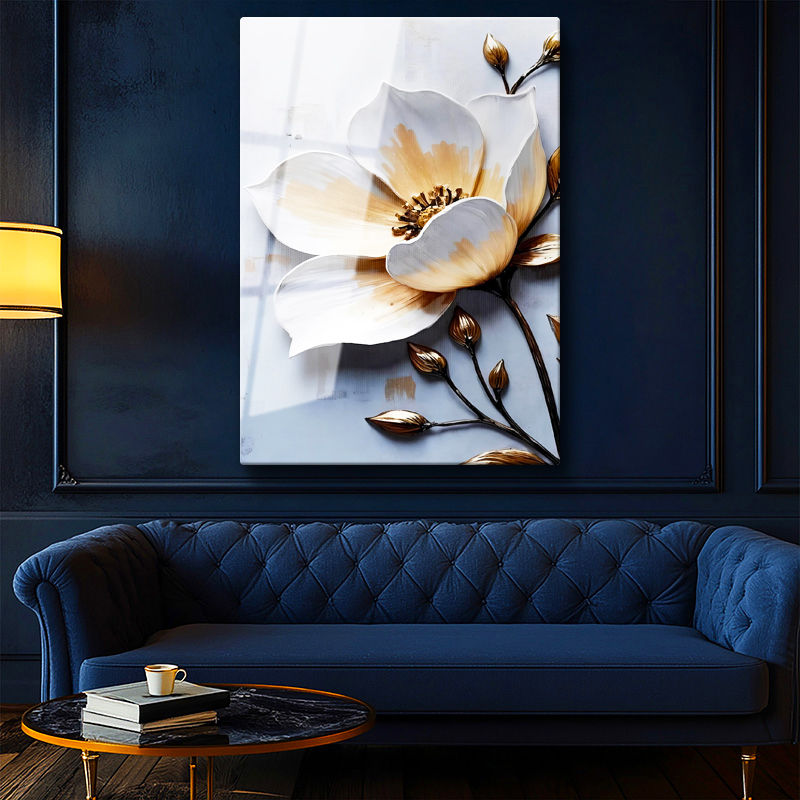 Tamperli Gerçek Cam Tablo Metalik Tomurcuklu Çiçek Çiçek Tablosu Duvar Dekoru