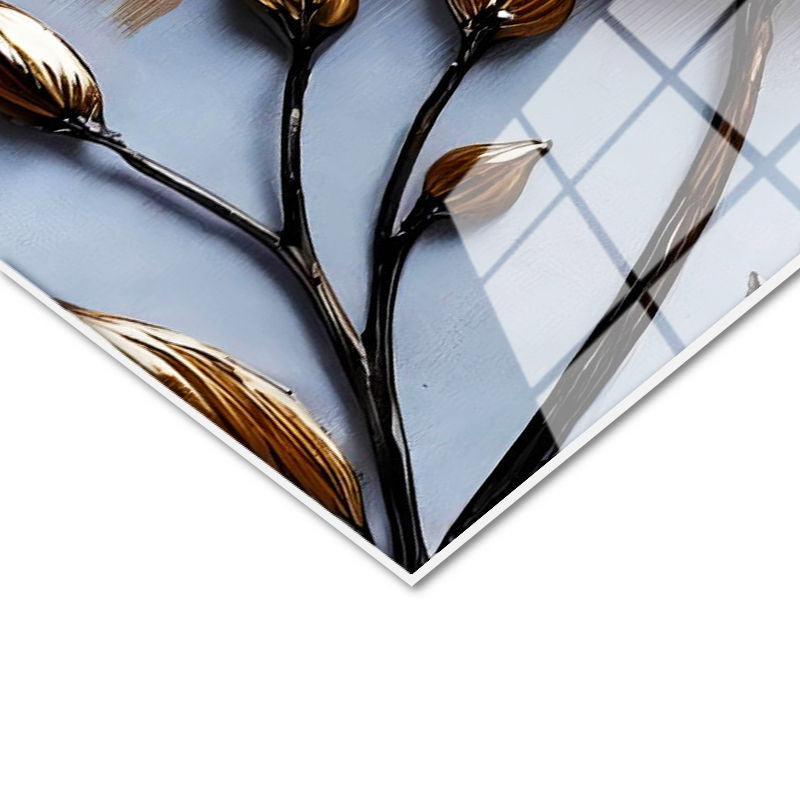 Tamperli Gerçek Cam Tablo Metalik Tomurcuklu Çiçek Çiçek Tablosu Duvar Dekoru