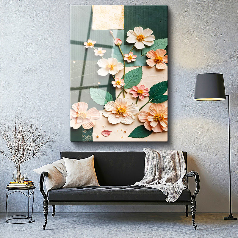 Tamperli Gerçek Cam Tablo İnce Dallı Kır Çiçekleri Çiçek Tablosu Duvar Dekoru