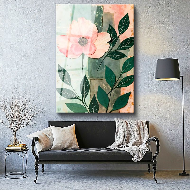 Tamperli Gerçek Cam Tablo Tek Büyük Yapraklı Çiçek Çiçek Tablosu Duvar Dekoru