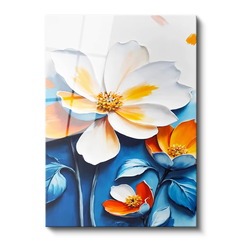 Tamperli Gerçek Cam Tablo Kabartma Görünümlü Katmanlı Çiçek Çiçek Tablosu Duvar Dekoru
