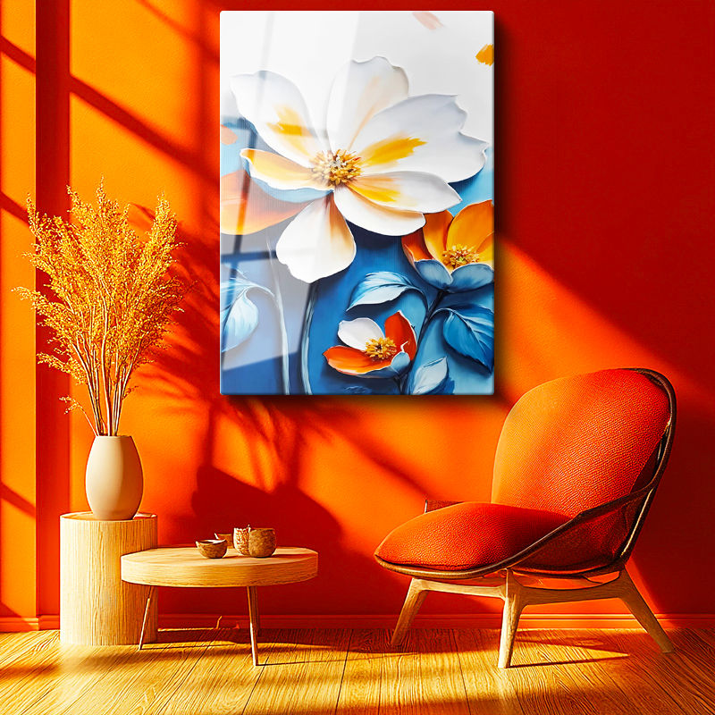 Tamperli Gerçek Cam Tablo Kabartma Görünümlü Katmanlı Çiçek Çiçek Tablosu Duvar Dekoru