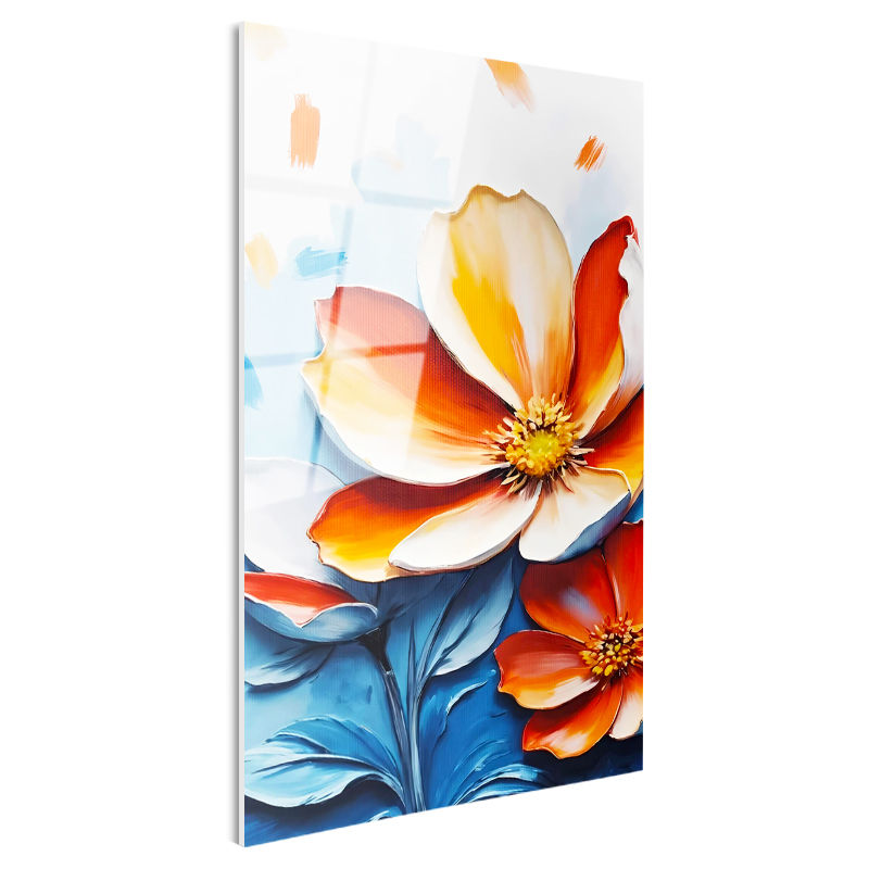 Tamperli Gerçek Cam Tablo İki Renkli Geniş Yapraklı Çiçek Çiçek Tablosu Duvar Dekoru