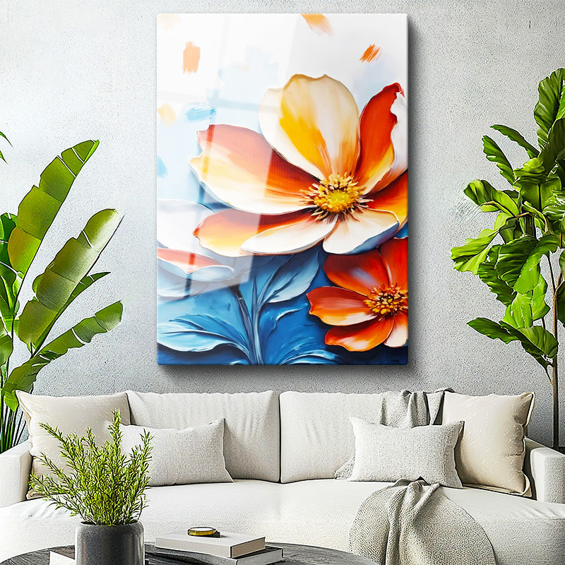 Tamperli Gerçek Cam Tablo İki Renkli Geniş Yapraklı Çiçek Çiçek Tablosu Duvar Dekoru