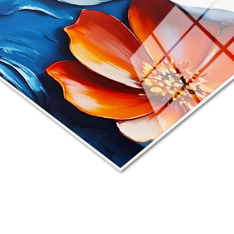 Tamperli Gerçek Cam Tablo İki Renkli Geniş Yapraklı Çiçek Çiçek Tablosu Duvar Dekoru