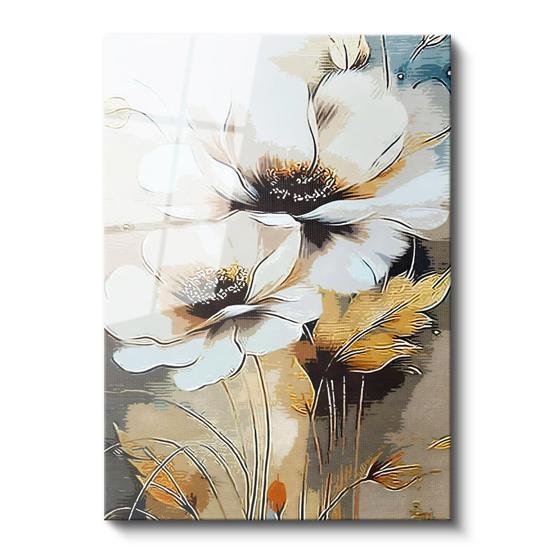Tamperli Gerçek Cam Tablo Sanatsal Fırça Darbeli Çiçek Çiçek Tablosu Duvar Dekoru