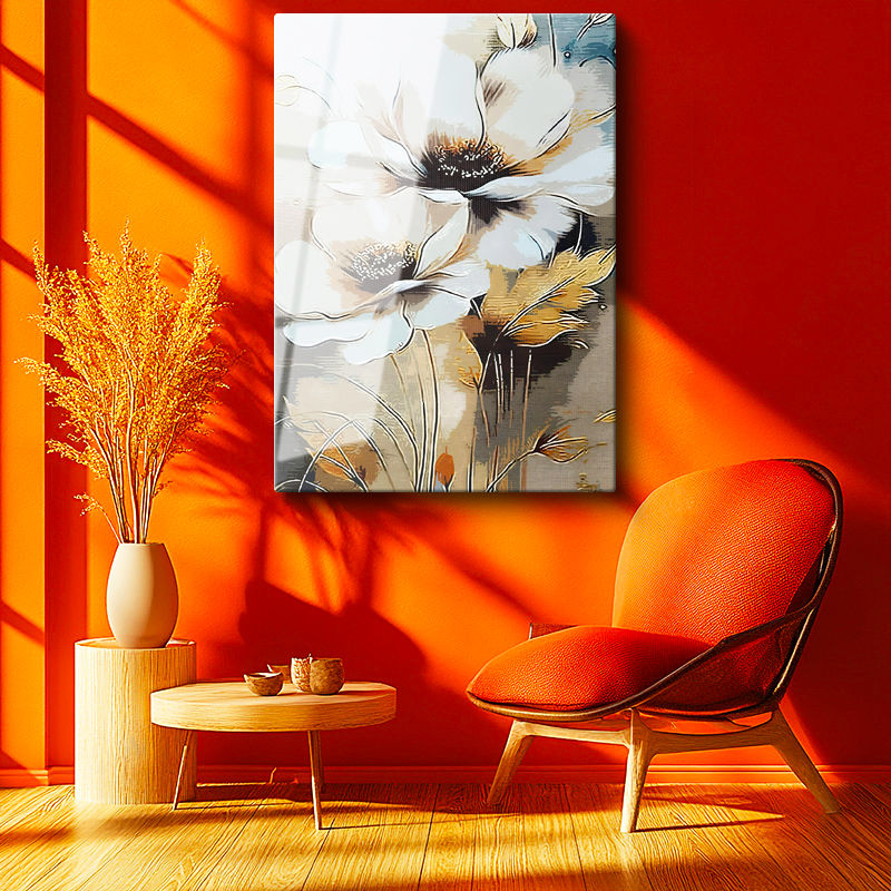 Tamperli Gerçek Cam Tablo Sanatsal Fırça Darbeli Çiçek Çiçek Tablosu Duvar Dekoru
