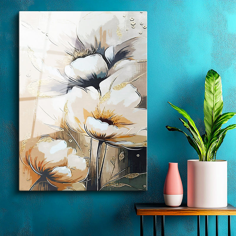 Tamperli Gerçek Cam Tablo Soyut Estetik Çiçekler Çiçek Tablosu Duvar Dekoru