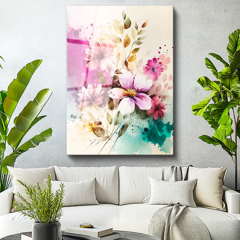 Tamperli Gerçek Cam Tablo Sulu Boya Görünümlü Çiçek Çiçek Tablosu Duvar Dekoru