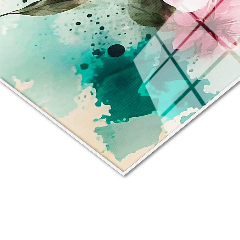 Tamperli Gerçek Cam Tablo Sulu Boya Görünümlü Çiçek Çiçek Tablosu Duvar Dekoru