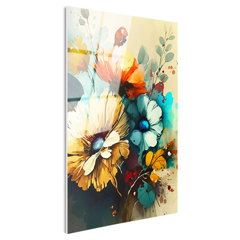 Tamperli Gerçek Cam Tablo Soyut Fırça Darbeli Çiçekler Çiçek Tablosu Duvar Dekoru