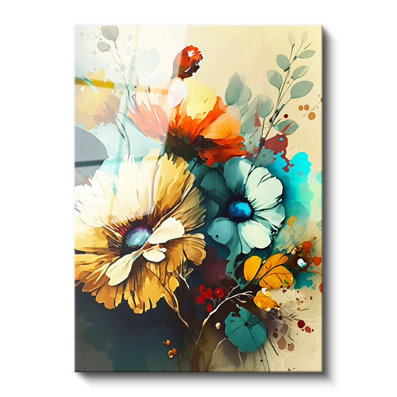 Tamperli Gerçek Cam Tablo Soyut Fırça Darbeli Çiçekler Çiçek Tablosu Duvar Dekoru