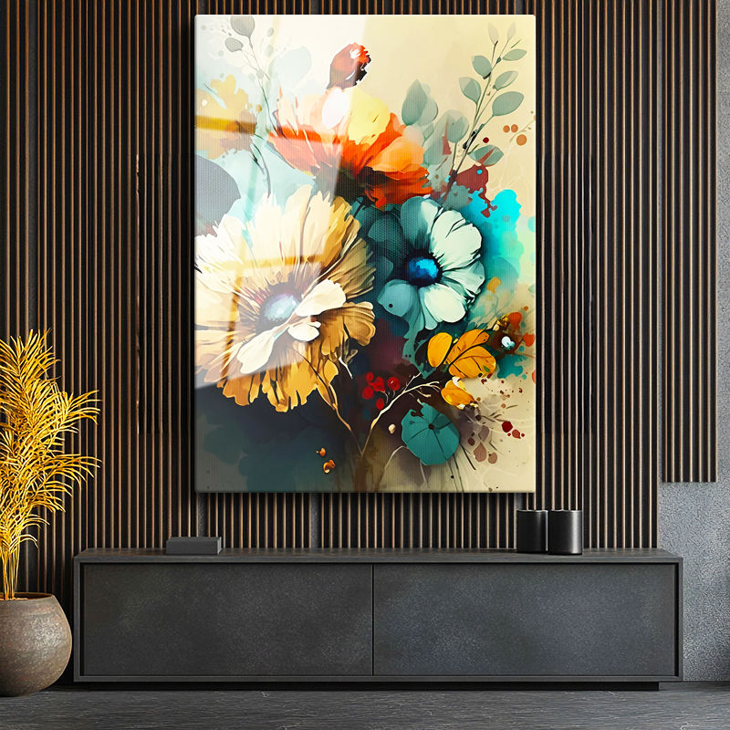 Tamperli Gerçek Cam Tablo Soyut Fırça Darbeli Çiçekler Çiçek Tablosu Duvar Dekoru