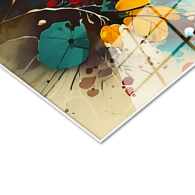 Tamperli Gerçek Cam Tablo Soyut Fırça Darbeli Çiçekler Çiçek Tablosu Duvar Dekoru