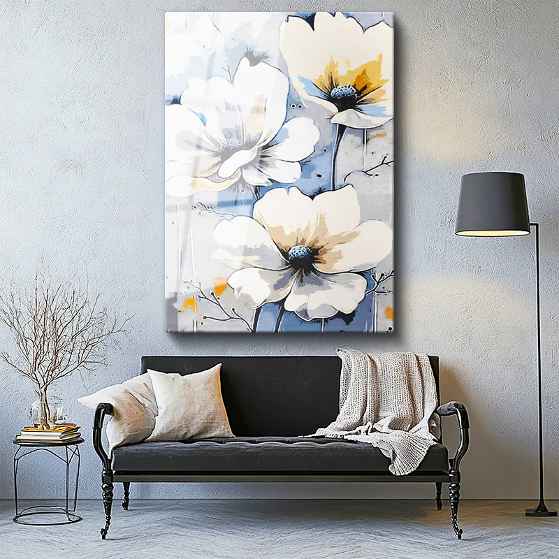 Tamperli Gerçek Cam Tablo Yumuşak Geçişli Zarif Çiçekler Çiçek Tablosu Duvar Dekoru