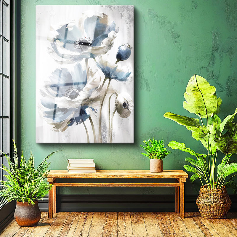 Tamperli Gerçek Cam Tablo Sanatsal İri Yapraklı Çiçekler Çiçek Tablosu Duvar Dekoru