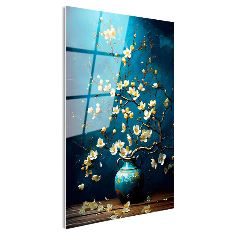Tamperli Gerçek Cam Tablo Antik Vazoda Bahar Dalları Çiçek Tablosu Duvar Dekoru