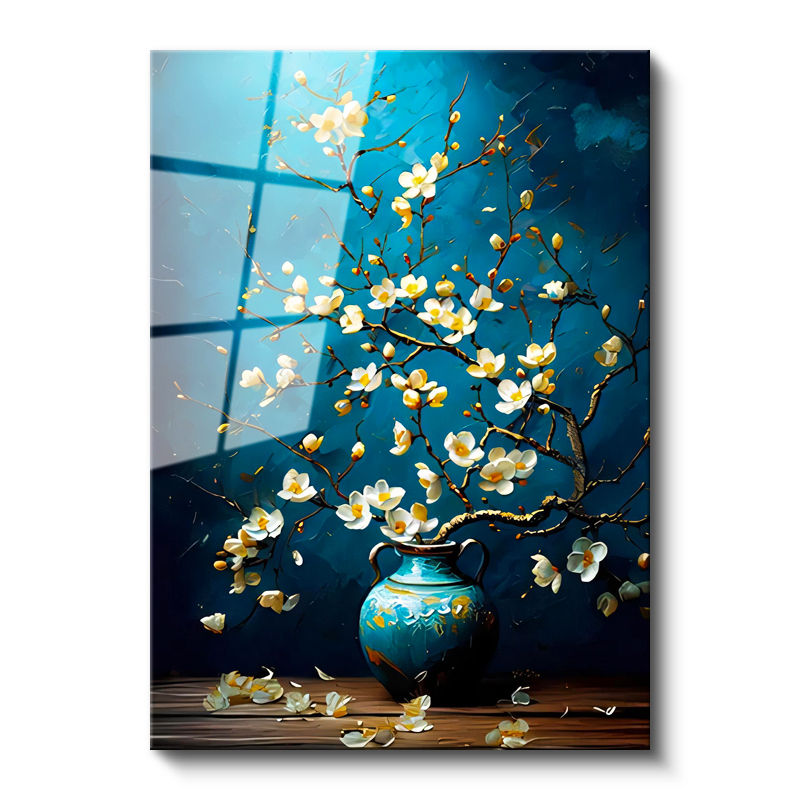 Tamperli Gerçek Cam Tablo Antik Vazoda Bahar Dalları Çiçek Tablosu Duvar Dekoru