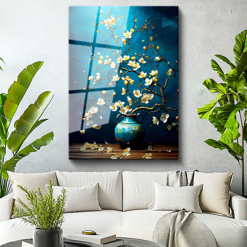 Tamperli Gerçek Cam Tablo Antik Vazoda Bahar Dalları Çiçek Tablosu Duvar Dekoru
