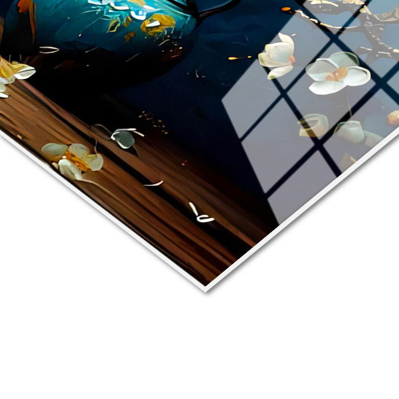 Tamperli Gerçek Cam Tablo Antik Vazoda Bahar Dalları Çiçek Tablosu Duvar Dekoru