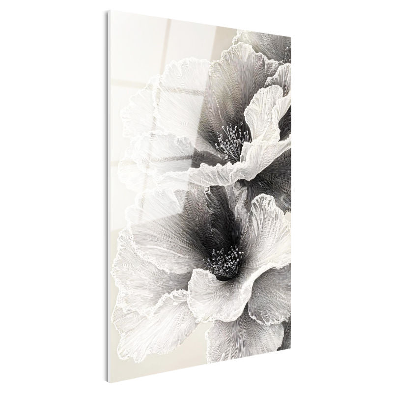 Tamperli Gerçek Cam Tablo İnce Hatlı Zarif Yapraklar Çiçek Tablosu Duvar Dekoru