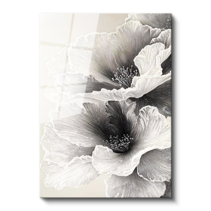 Tamperli Gerçek Cam Tablo İnce Hatlı Zarif Yapraklar Çiçek Tablosu Duvar Dekoru