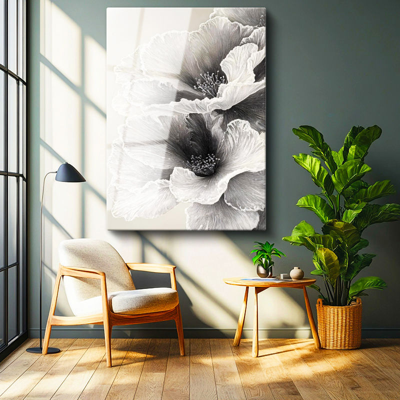 Tamperli Gerçek Cam Tablo İnce Hatlı Zarif Yapraklar Çiçek Tablosu Duvar Dekoru