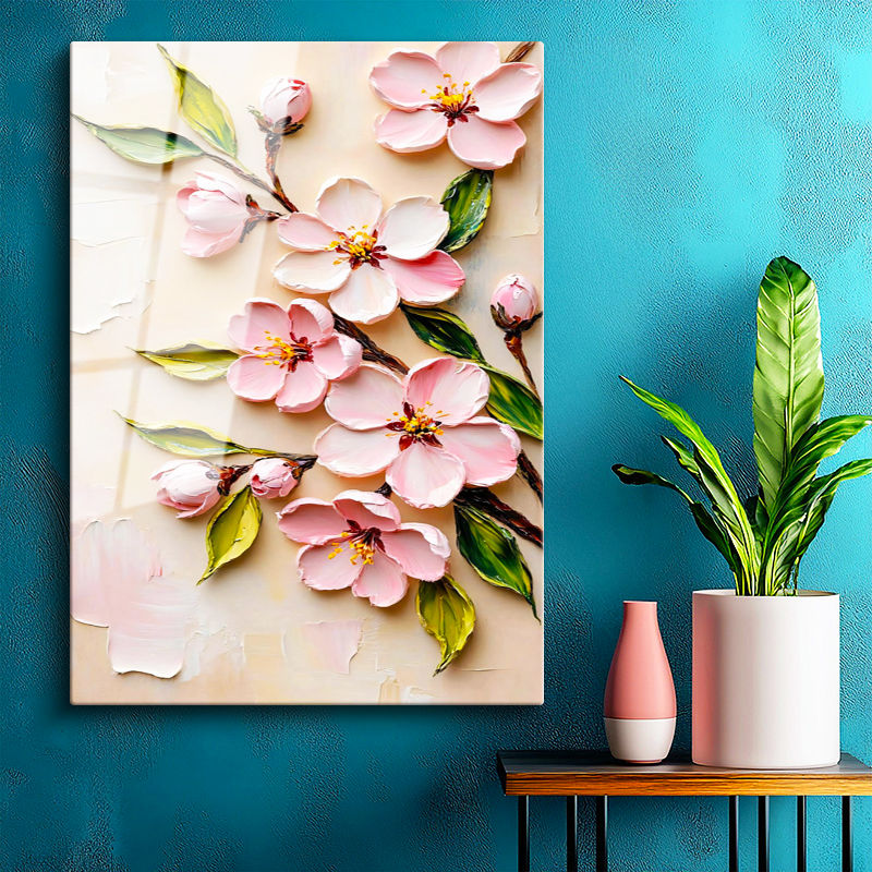 Tamperli Gerçek Cam Tablo Palet Bıçağı Teknikli Çiçekler Çiçek Tablosu Duvar Dekoru