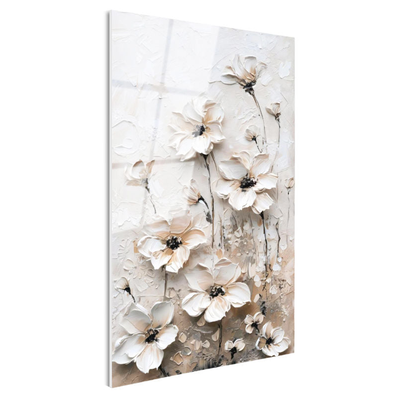 Tamperli Gerçek Cam Tablo Soyut Dokulu Büyük Çiçekler Çiçek Tablosu Duvar Dekoru