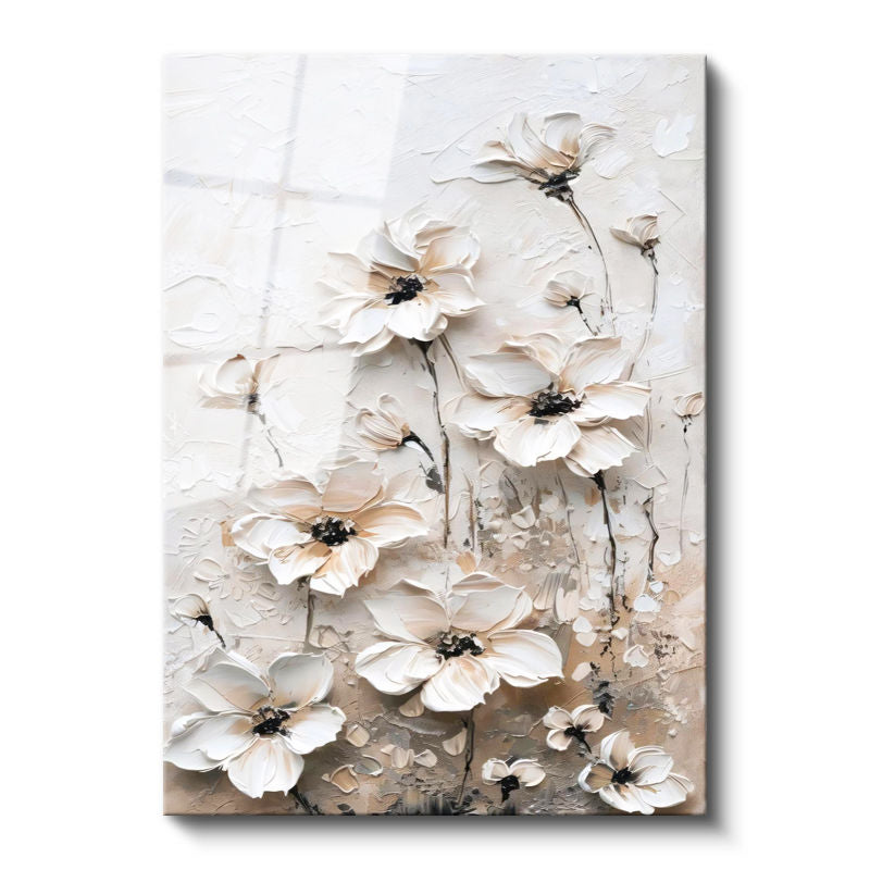 Tamperli Gerçek Cam Tablo Soyut Dokulu Büyük Çiçekler Çiçek Tablosu Duvar Dekoru