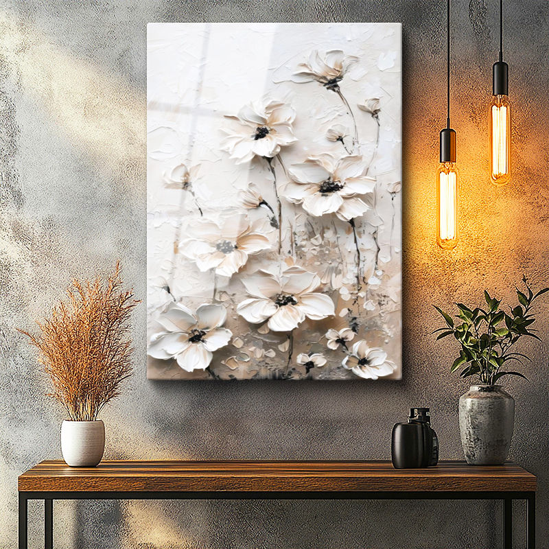 Tamperli Gerçek Cam Tablo Soyut Dokulu Büyük Çiçekler Çiçek Tablosu Duvar Dekoru