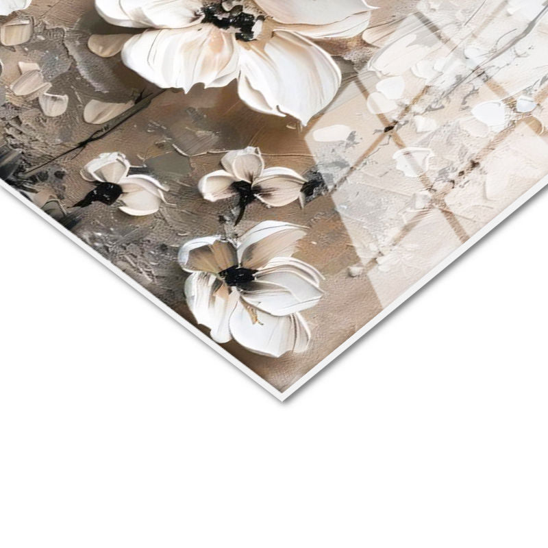 Tamperli Gerçek Cam Tablo Soyut Dokulu Büyük Çiçekler Çiçek Tablosu Duvar Dekoru
