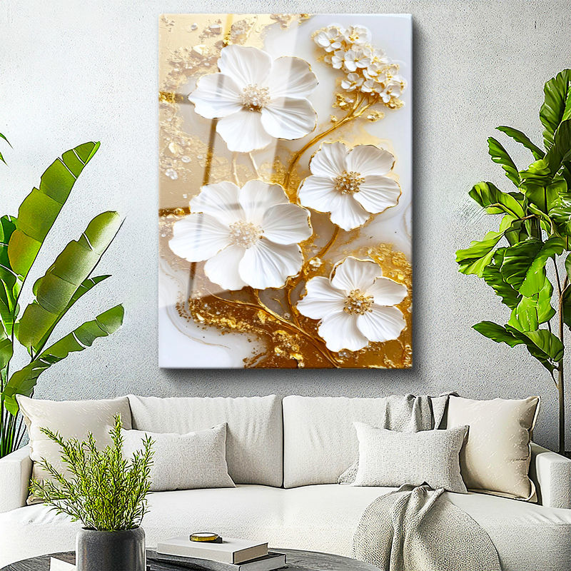 Tamperli Gerçek Cam Tablo Belirgin Damar Detaylı Çiçekler Çiçek Tablosu Duvar Dekoru