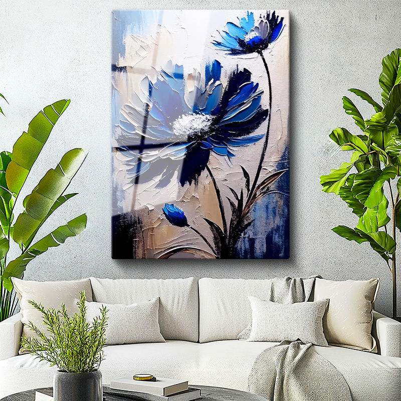 Tamperli Gerçek Cam Tablo Spatula Dokulu Büyük Çiçek Çiçek Tablosu Duvar Dekoru