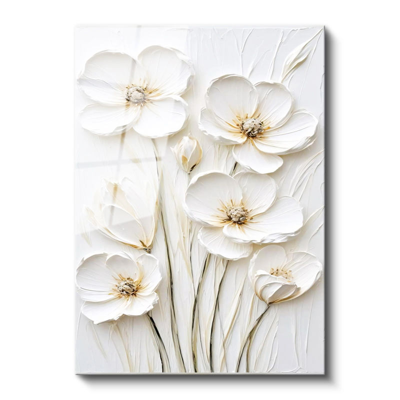 Tamperli Gerçek Cam Tablo Sade Dokulu Minimal Çiçekler Çiçek Tablosu Duvar Dekoru