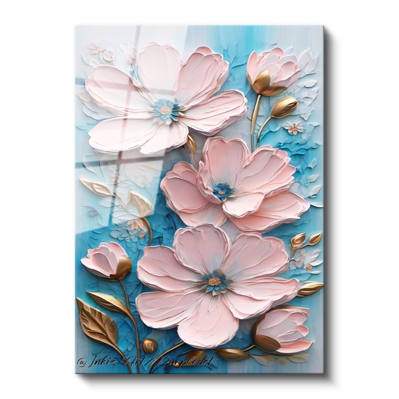 Tamperli Gerçek Cam Tablo Belirgin Tomurcuklu Çiçekler Çiçek Tablosu Duvar Dekoru