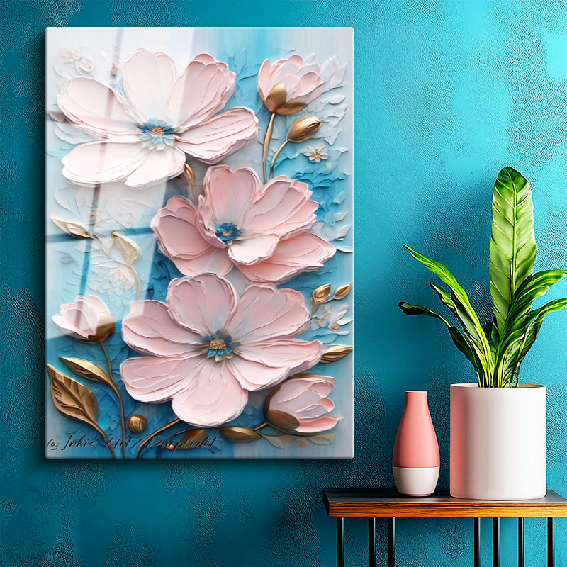 Tamperli Gerçek Cam Tablo Belirgin Tomurcuklu Çiçekler Çiçek Tablosu Duvar Dekoru