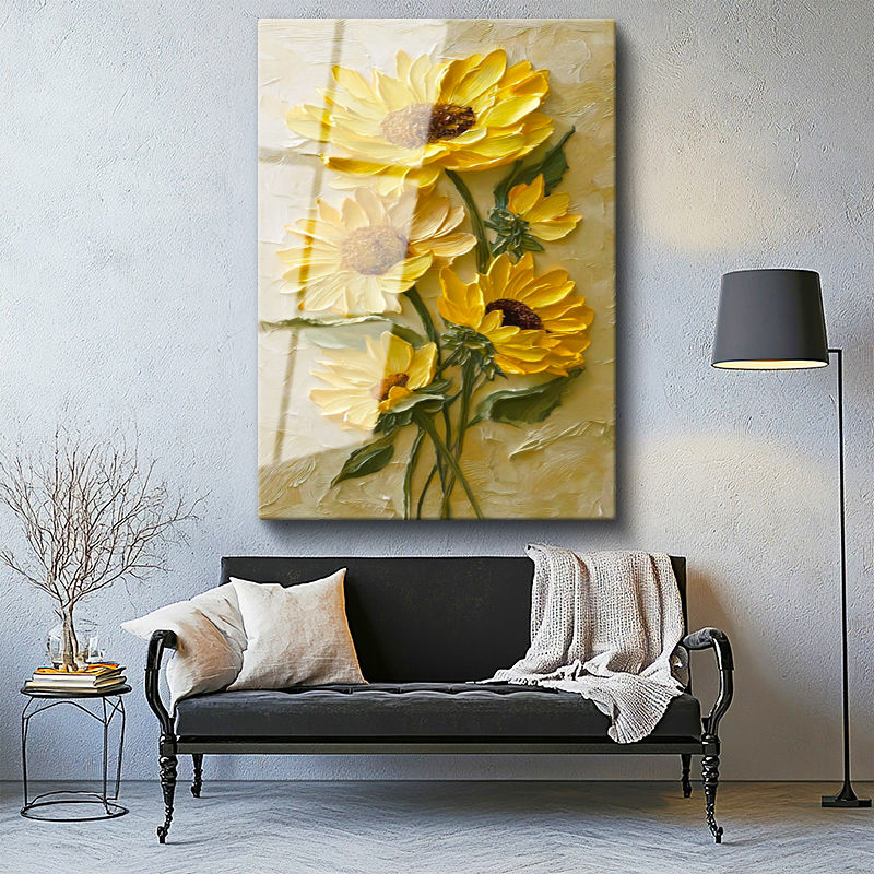 Tamperli Gerçek Cam Tablo Kabartma Görünümlü Ayçiçekleri Çiçek Tablosu Duvar Dekoru