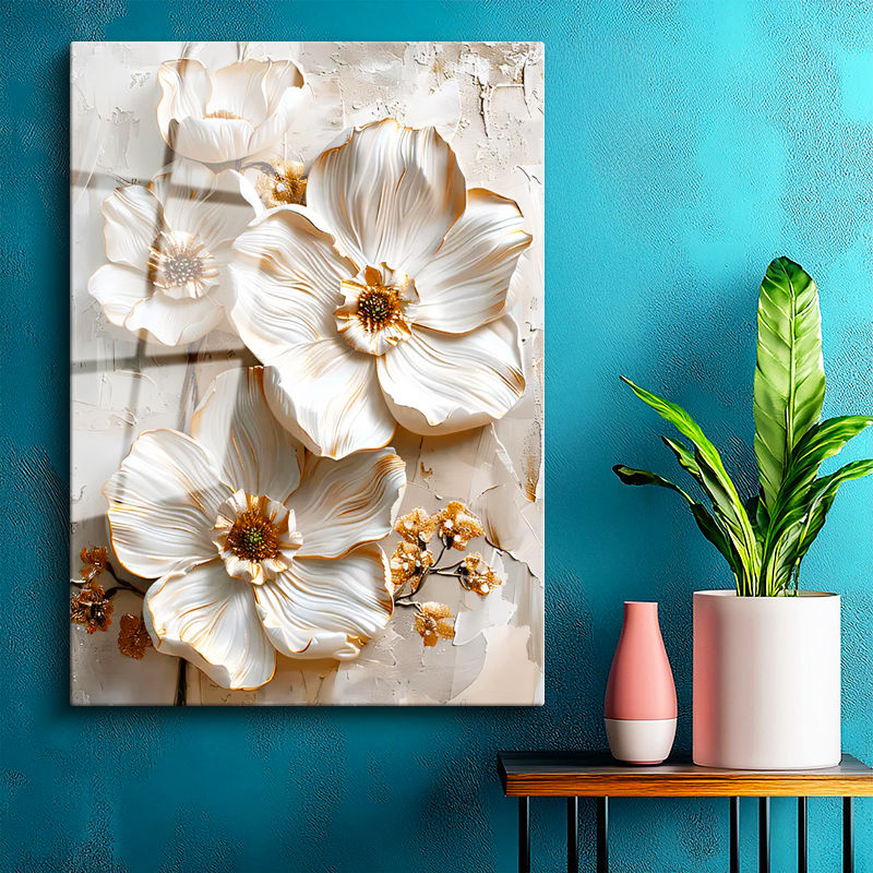 Tamperli Gerçek Cam Tablo Parlak Kenarlı Modern Çiçekler Çiçek Tablosu Duvar Dekoru