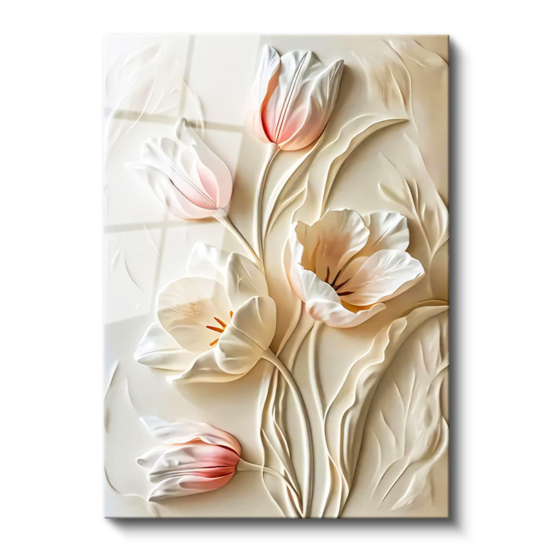 Tamperli Gerçek Cam Tablo Yumuşak Hatlı Zarif Laleler Çiçek Tablosu Duvar Dekoru