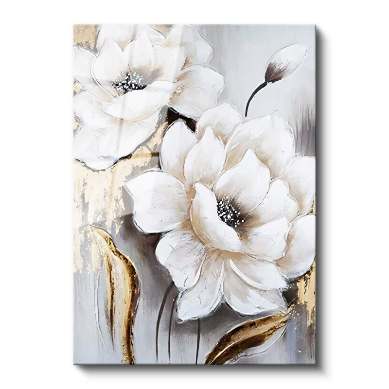 Tamperli Gerçek Cam Tablo Sanatsal Dokulu İri Manolyalar Çiçek Tablosu Duvar Dekoru