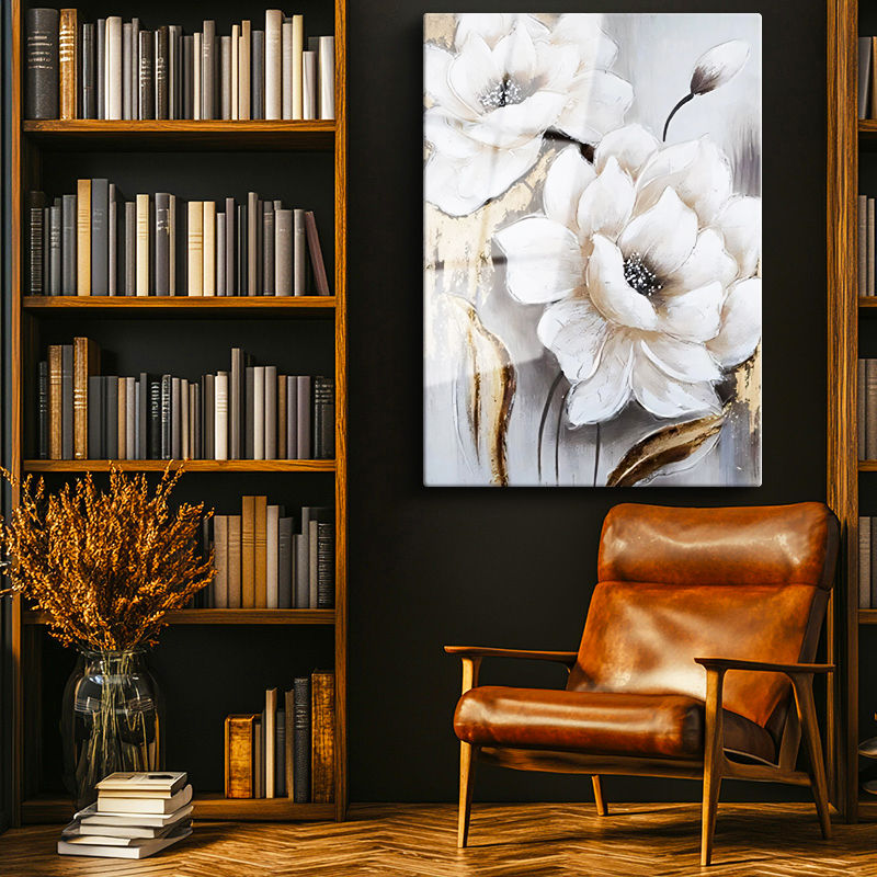 Tamperli Gerçek Cam Tablo Sanatsal Dokulu İri Manolyalar Çiçek Tablosu Duvar Dekoru