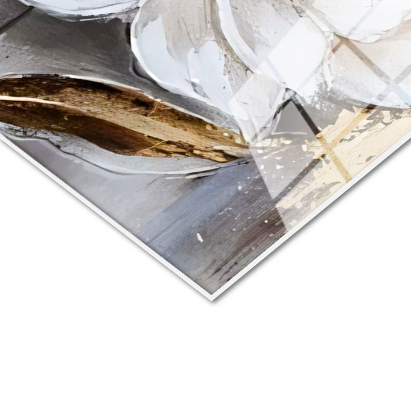 Tamperli Gerçek Cam Tablo Sanatsal Dokulu İri Manolyalar Çiçek Tablosu Duvar Dekoru