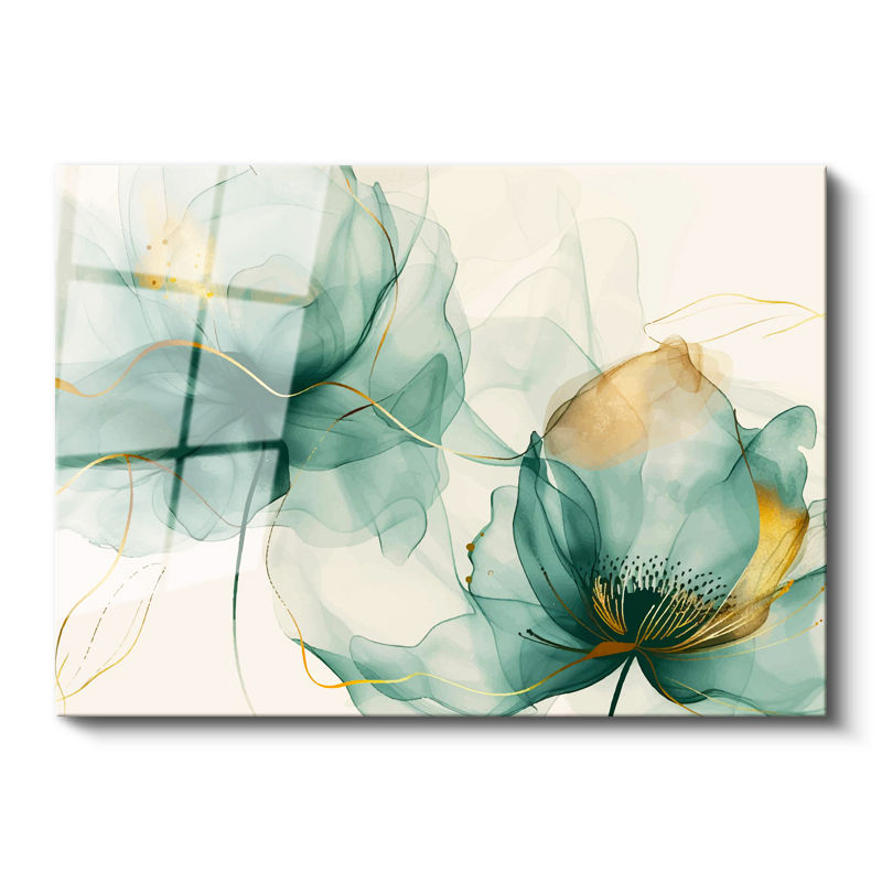 Tamperli Gerçek Cam Tablo Soyut Sulu Boya Çiçekler Çiçek Tablosu Duvar Dekoru