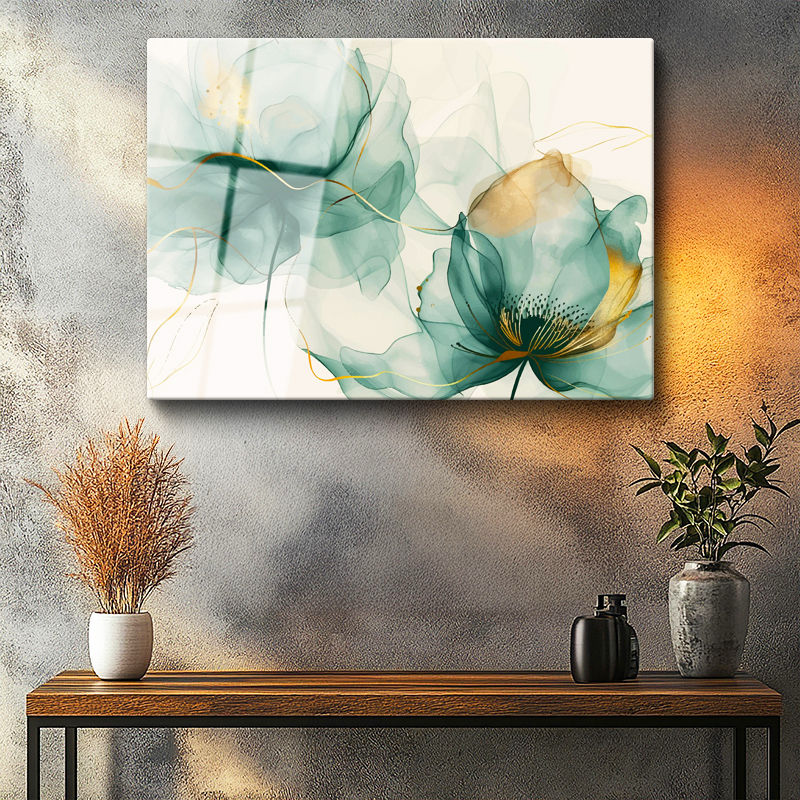 Tamperli Gerçek Cam Tablo Soyut Sulu Boya Çiçekler Çiçek Tablosu Duvar Dekoru