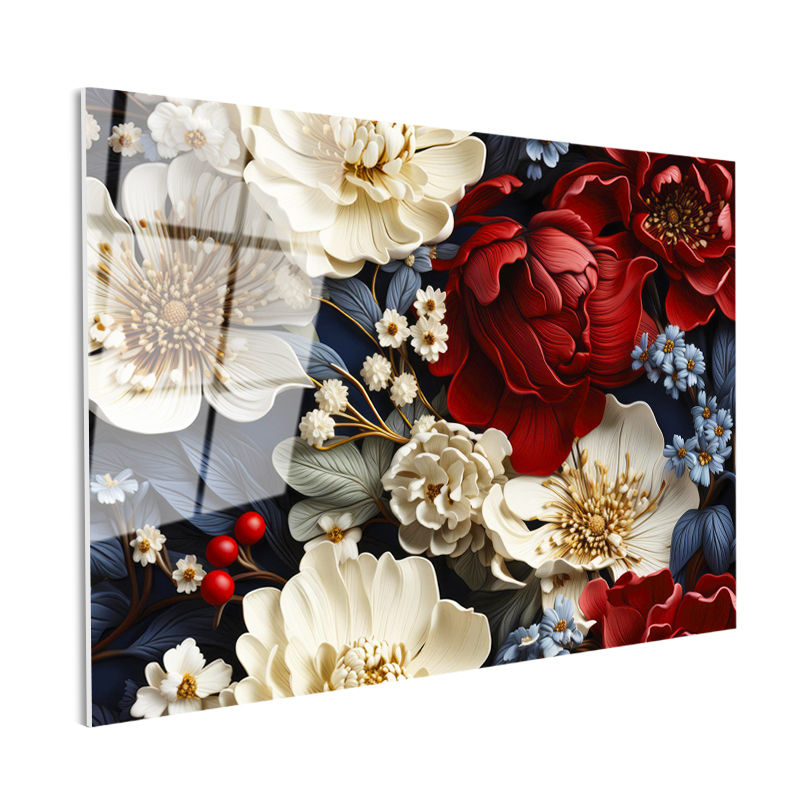 Tamperli Gerçek Cam Tablo Klasik Çiçek Aranjmanı Çiçek Tablosu Duvar Dekoru