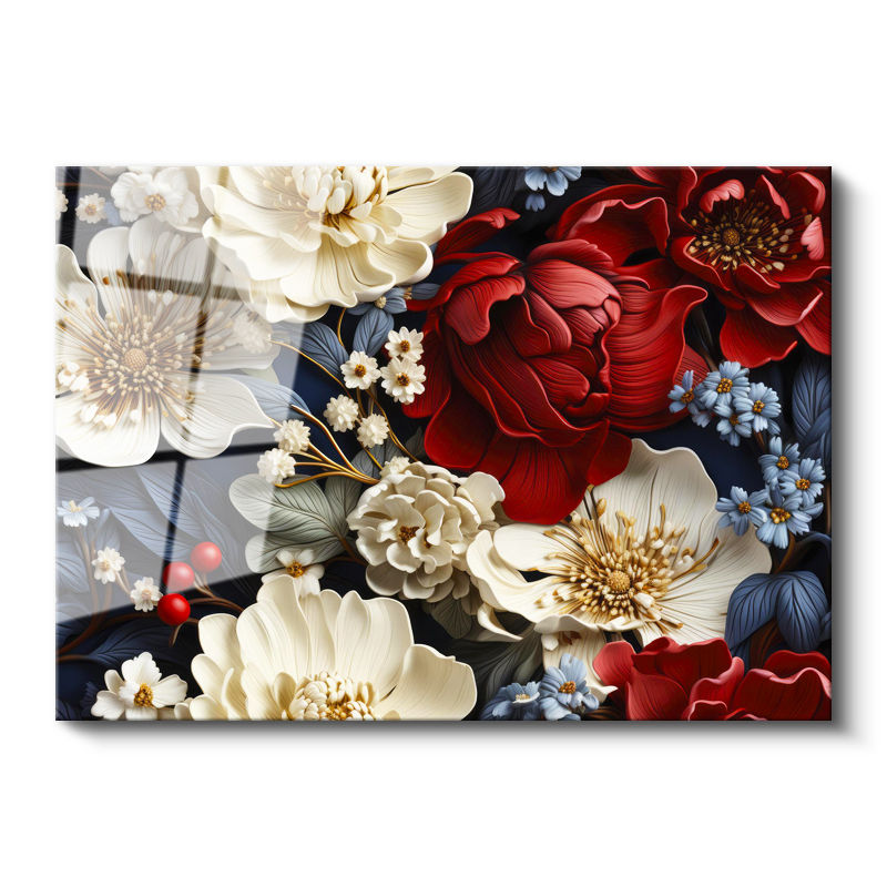 Tamperli Gerçek Cam Tablo Klasik Çiçek Aranjmanı Çiçek Tablosu Duvar Dekoru