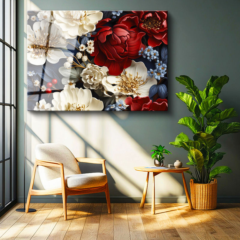 Tamperli Gerçek Cam Tablo Klasik Çiçek Aranjmanı Çiçek Tablosu Duvar Dekoru