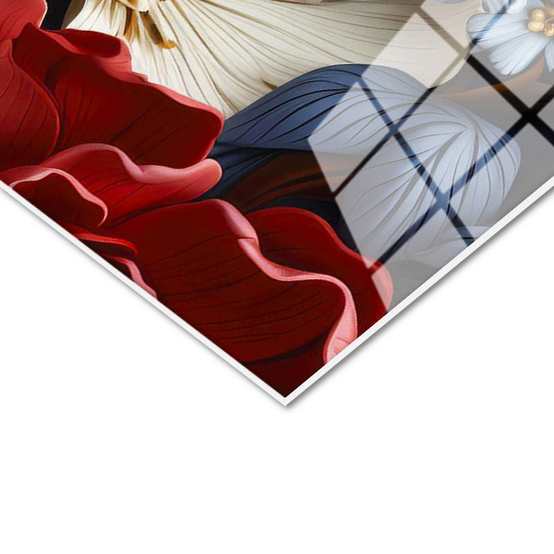 Tamperli Gerçek Cam Tablo Klasik Çiçek Aranjmanı Çiçek Tablosu Duvar Dekoru