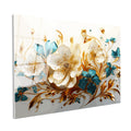 Tamperli Gerçek Cam Tablo Altın Vurgulu Beyaz Çiçekler Çiçek Tablosu Duvar Dekoru